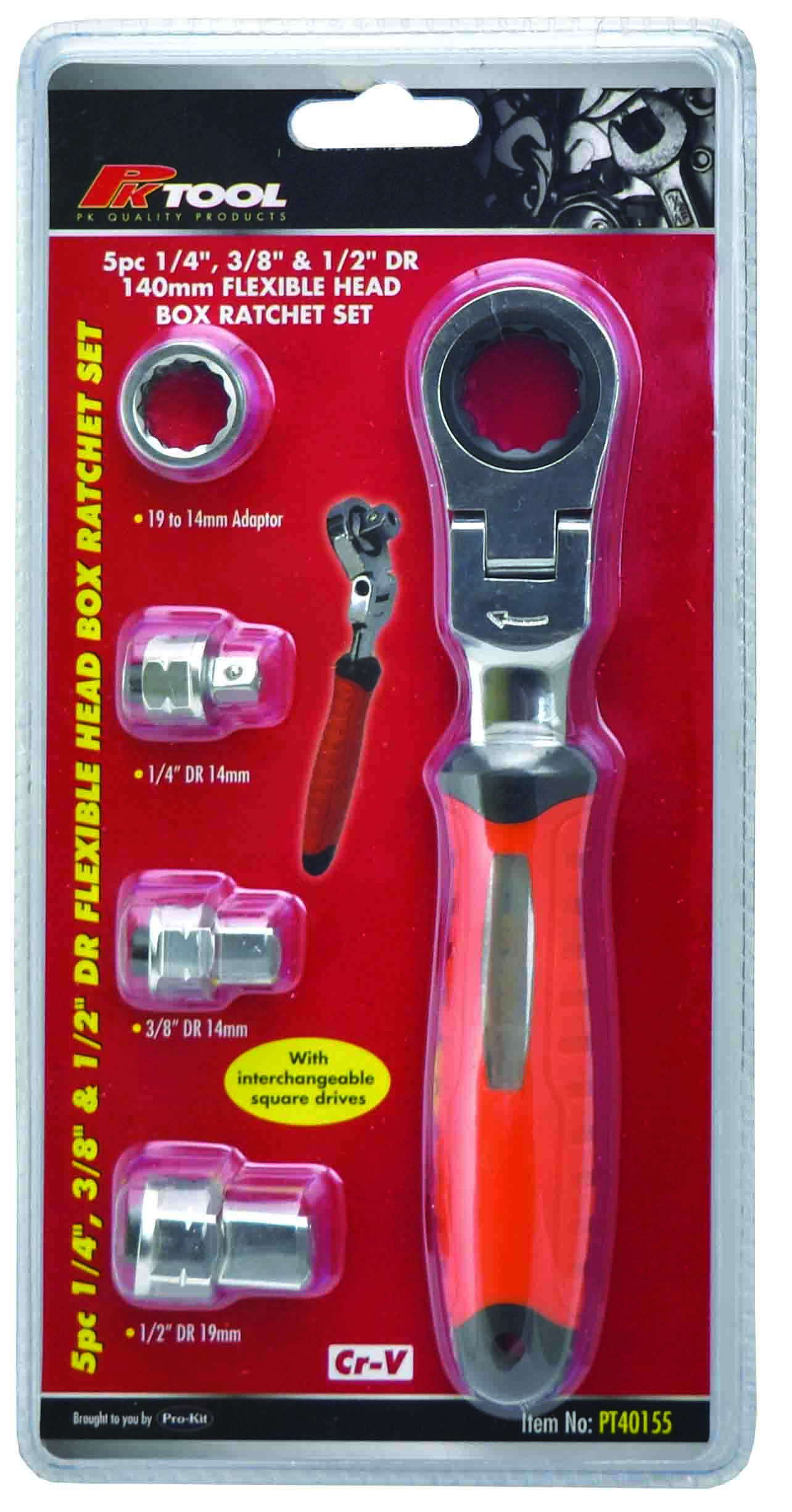 BOX RATCHET SET – 5pc 3 SQUARE HEAD WITH 1/2″, 3/8″ & 1/4DR ADAPTORS & 19MM ADAPTOR