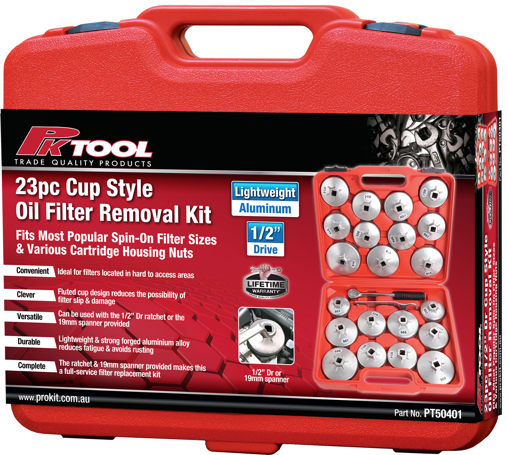 23pc 1/2˝ DR ALUMINIUM CUP STYLE OIL FILTER REMOVAL KIT