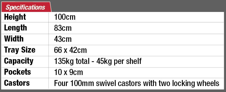 Professional Three Shelf 135kg Capacity Workshop & Warehouse Trolley with Moulded Pockets