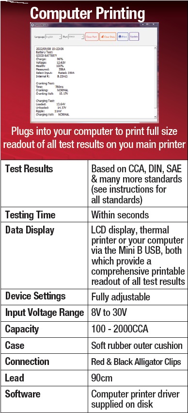 12V/24v Electronic Battery Tester & Analyzer with Built-In Thermal Printer