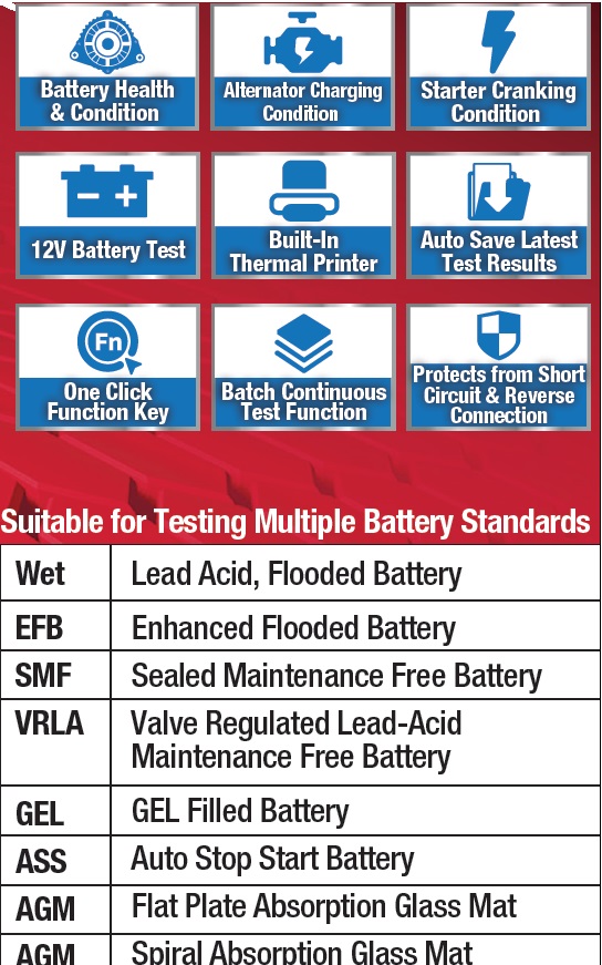 12V/24v Electronic Battery Tester & Analyzer with Built-In Thermal Printer