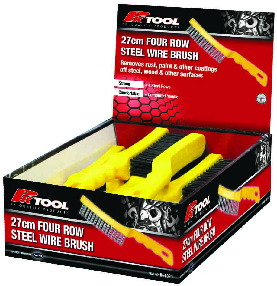 27cm 4 Row Steel Wire Brushes in 12pc POS Display