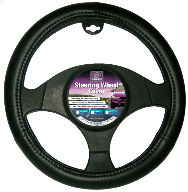 38cm Black, Smooth Leather Look Steering Wheel Cover