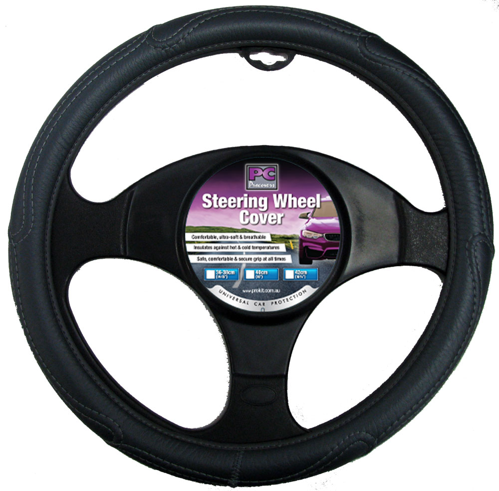 40cm Black, Rough Leather Look Steering Wheel Cover