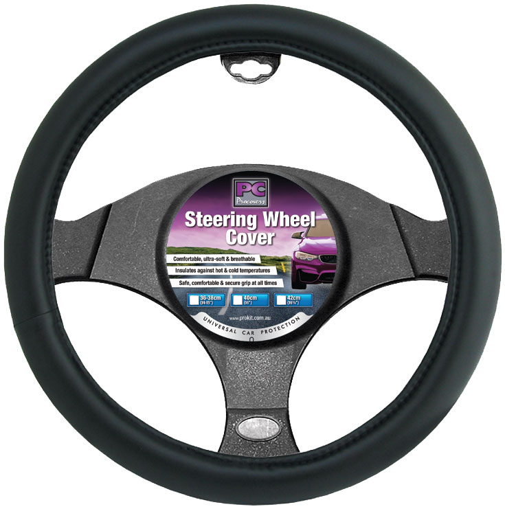 40cm Black, Smooth Leather Look Steering Wheel Cover