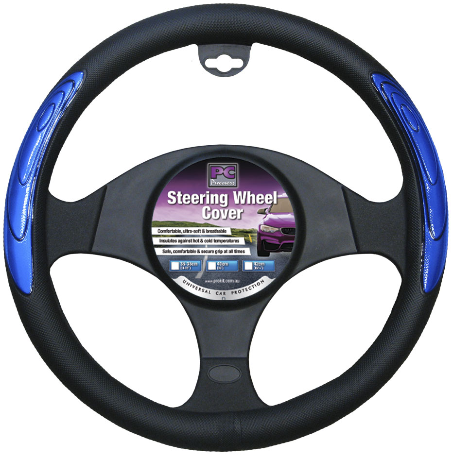 38cm BLACK with Blue Stamped Raised Pattern Steering Wheel Cover