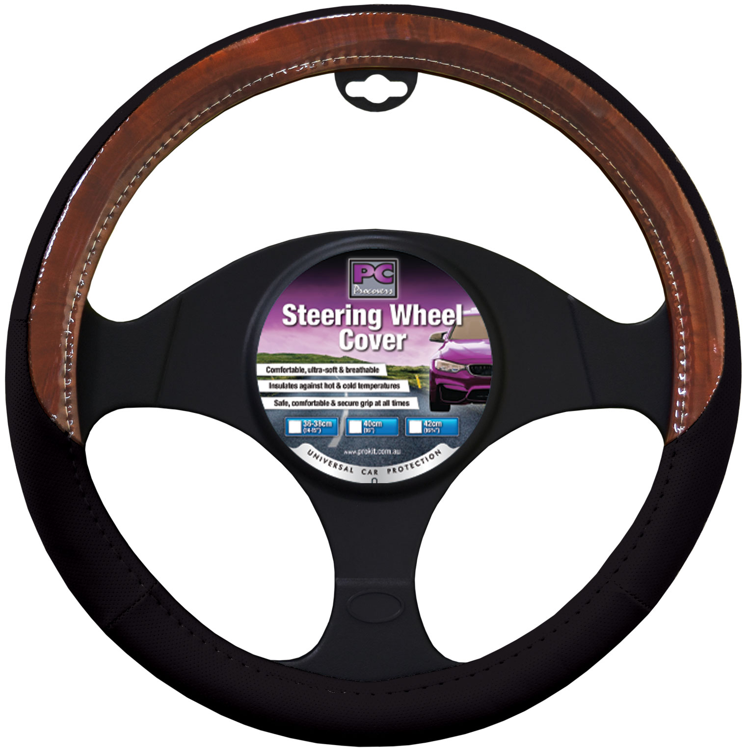 38cm Black, Soft Leather Feel with Dark Wood Grain Steering Wheel Cover