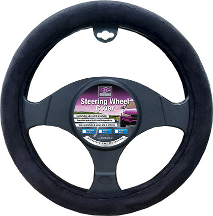 38cm Black, Smooth Leather Feel Steering Wheel Cover
