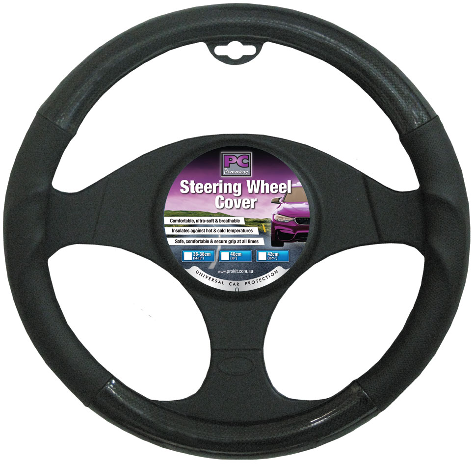 38cm Black, Leather Feel, Raised Grip & Carbon Inserts Steering Wheel Cover