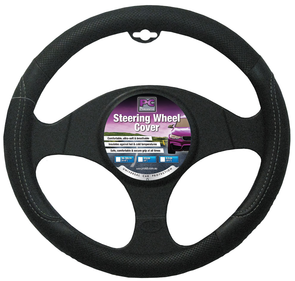 38cm Black, Leather Feel, Raised Stitching Steering Wheel Cover