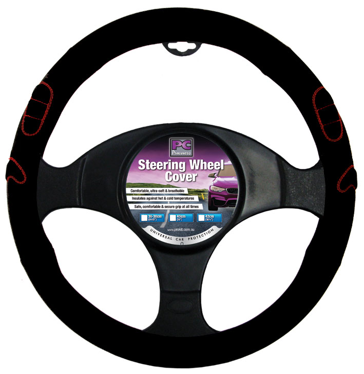 38cm Black with Red Embossing Steering Wheel Cover