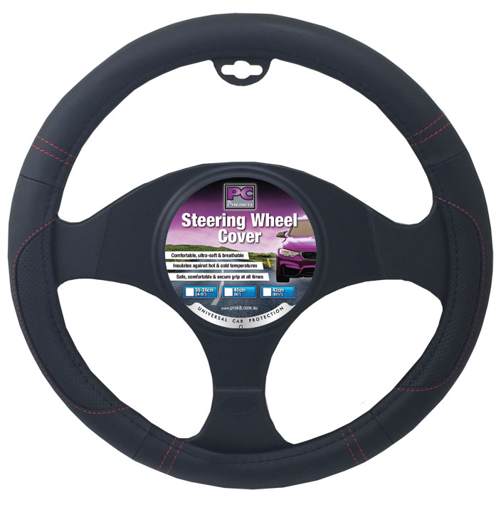 38cm Black, Leather Feel, Raised Red Stitching Steering Wheel Cover