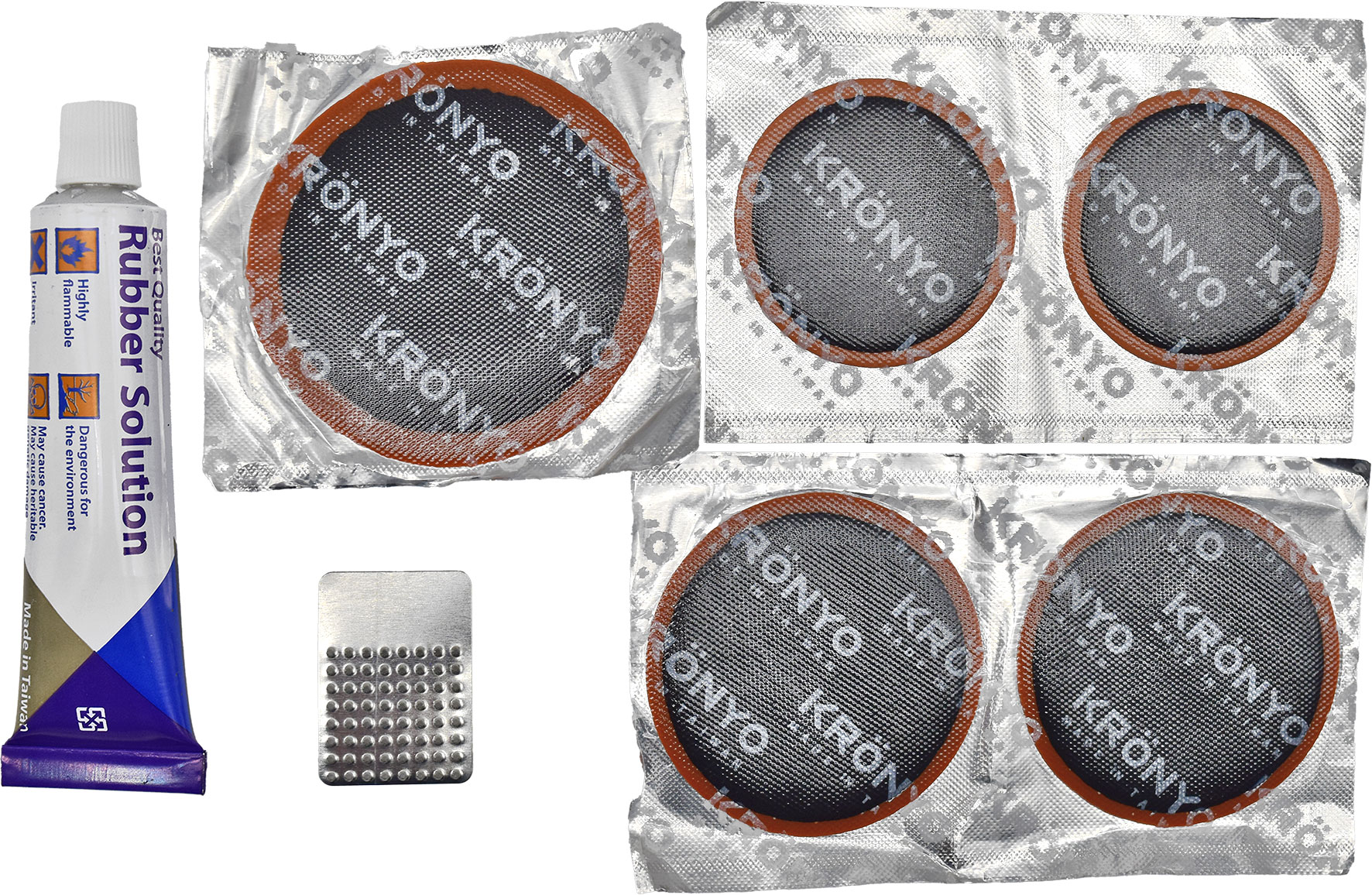 TYRE REPAIR KIT – 9pc WITH 5 PATCHES,STEEL BUFFER, 2 x VALVE TUBING & GLUE