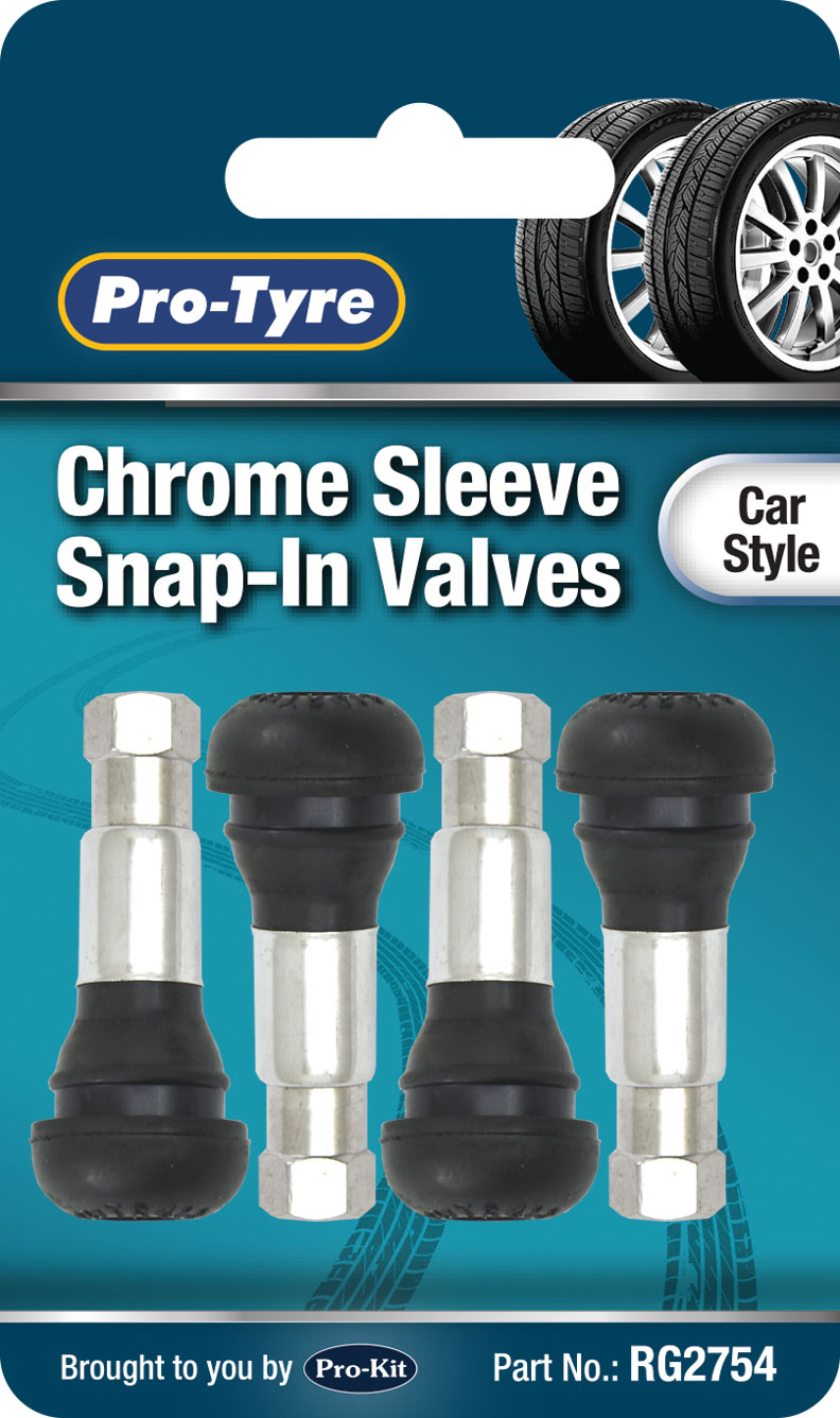 TYRE VALVES – 4pc CHROME SLEEVE SNAP-IN VALVES
