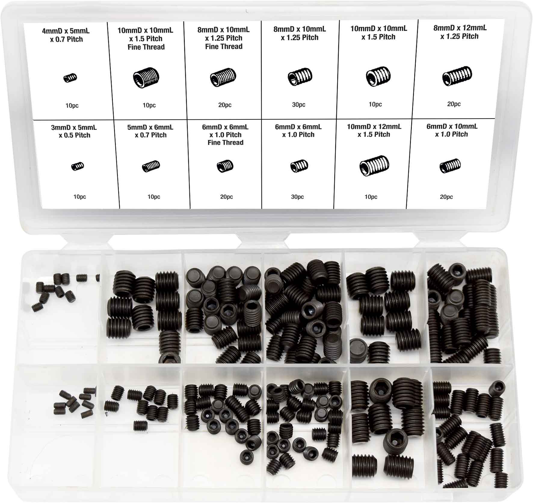 200pc Metric, Flat Point, Set Screw with Hex Socket Assortment Set