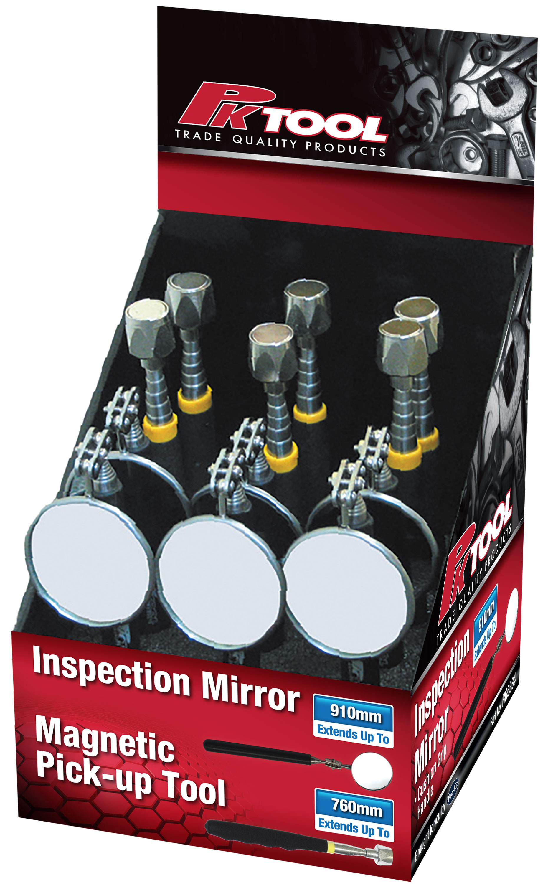 Pocket Tools In 12pc Pos Display 75cm Magnetic & Telescopic Pick Up Tool And 55mm Telescopic Inspection Mirror
