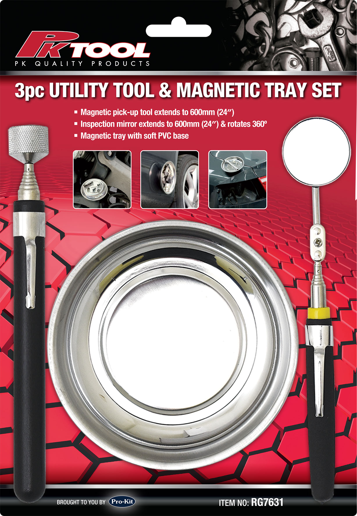 3pc MAGNETIC TRAY, TELESCOPIC MAGNETIC PICK UP TOOL  & INSPECTION MIRROR SET
