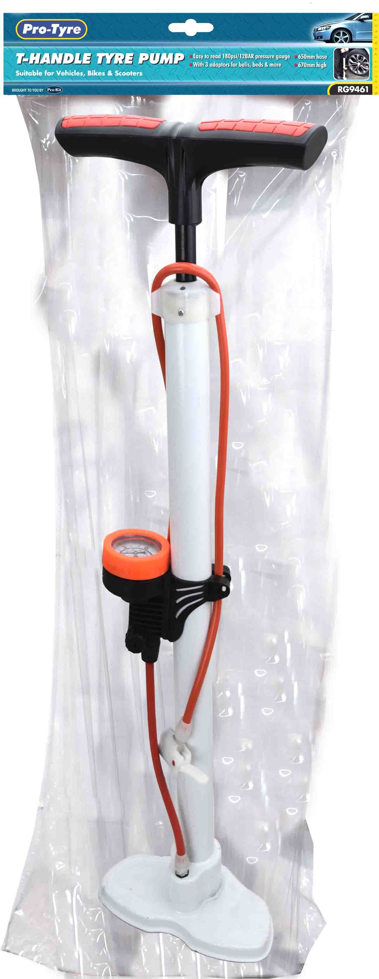 TYRE PUMP –  T-HANDLE  STYLE WITH GAUGE