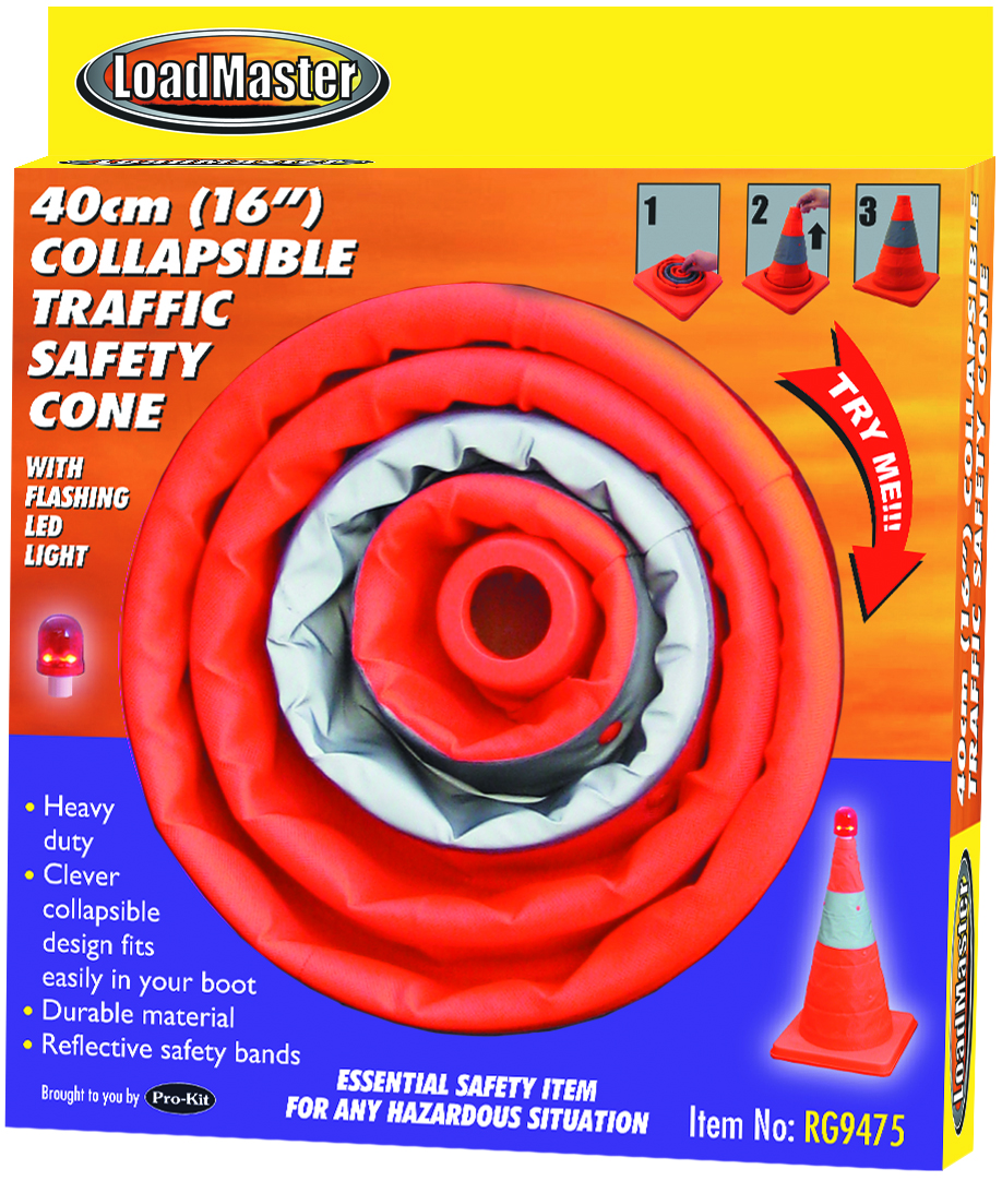 40cm COLLAPSABLE SAFETY CONE – WITH FLASHING LED LIGHT