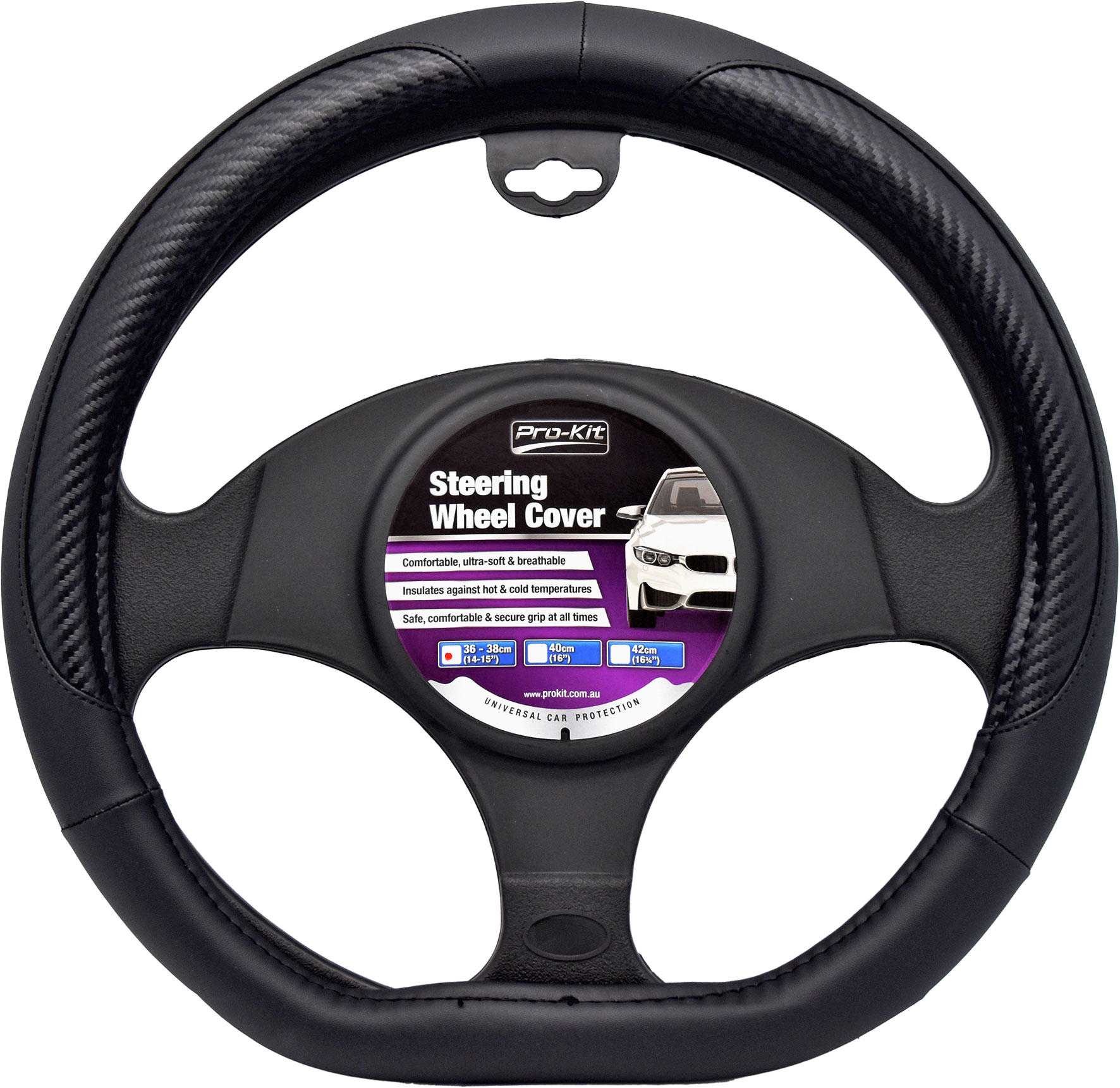 38cm Black, Leather Feel with D-Shaped Base & Carbon Look Inserts Steering Wheel Cover