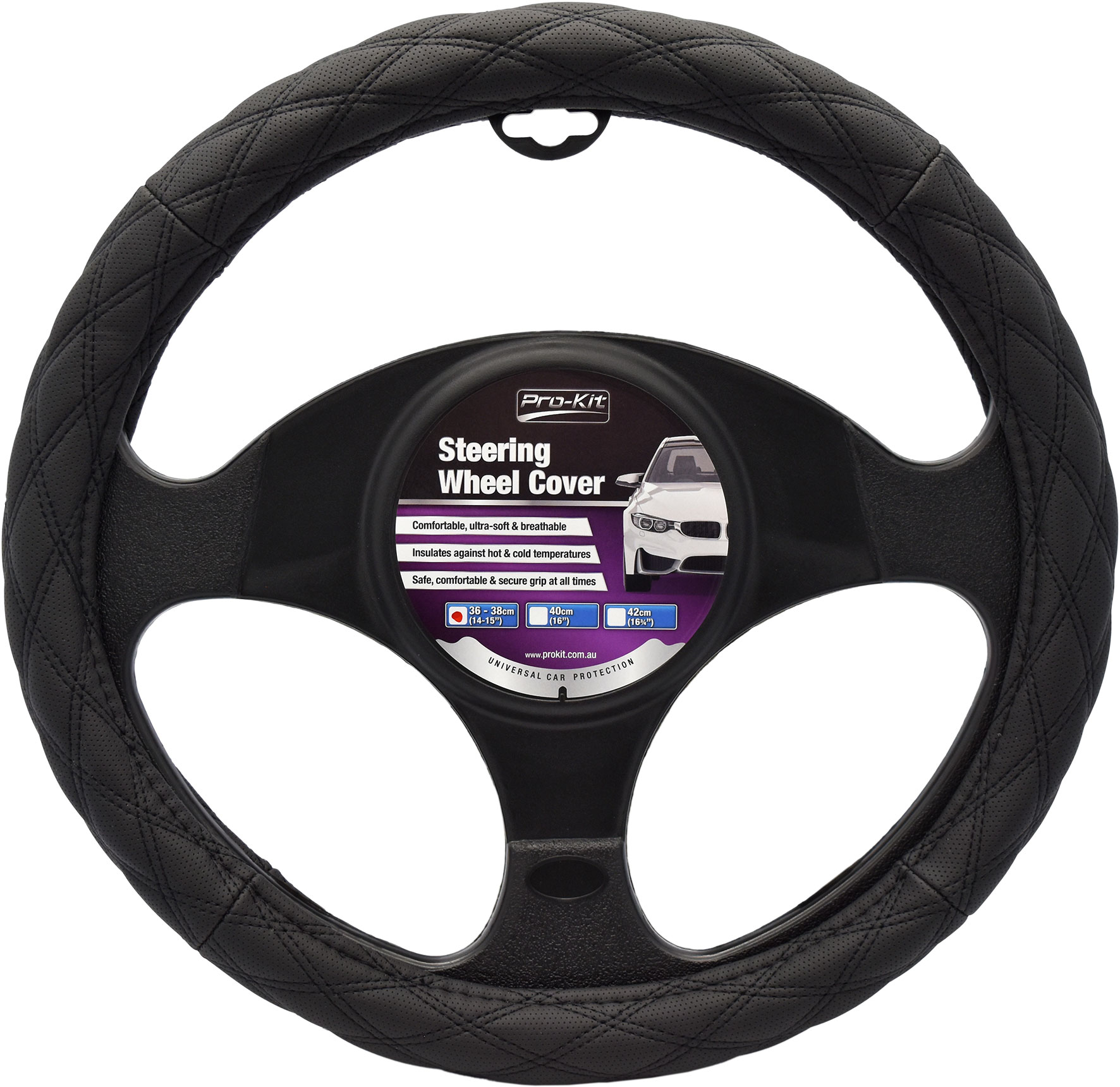36 – 38cm Black, Leather Feel with Black Cross Stitch Steering Wheel Cover