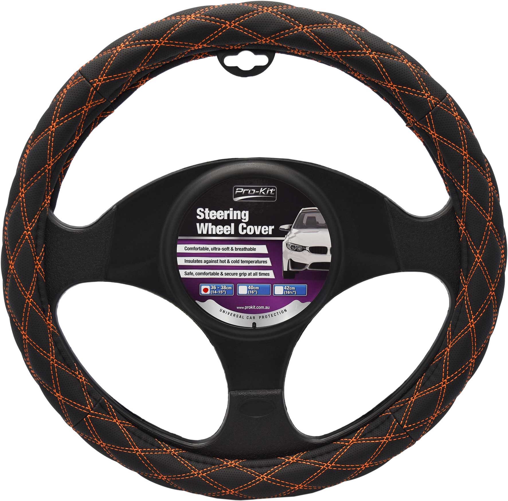 36 - 38cm Black, Leather Feel with Orange Cross Stitch Steering Wheel Cover