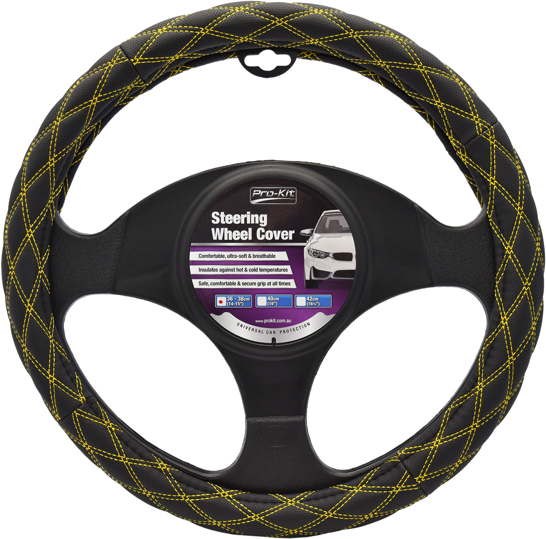 36 - 38cm Black, Leather Feel with Yellow Cross Stitch Steering Wheel Cover