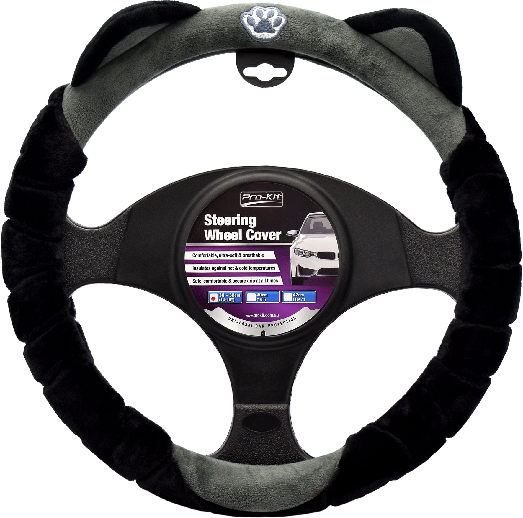 38cm Black, Fur Feel with Cat Ears Steering Wheel Cover