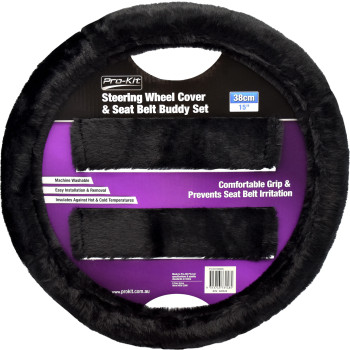 Black Fur Feel 38cm Steering Wheel Cover & 15" Seat Belt Buddy Set