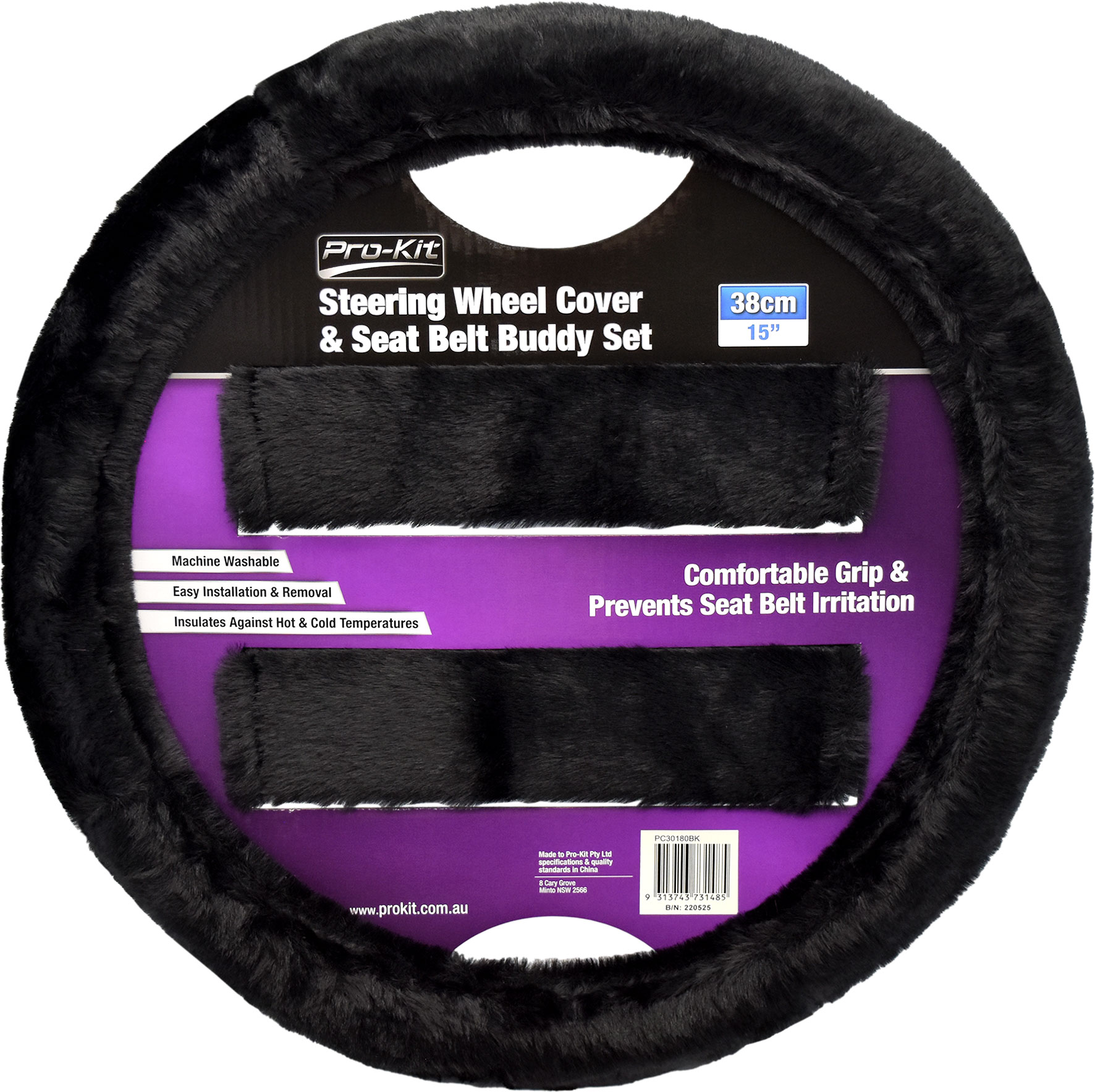 Black Fur Feel 38cm Steering Wheel Cover & 15″ Seat Belt Buddy Set