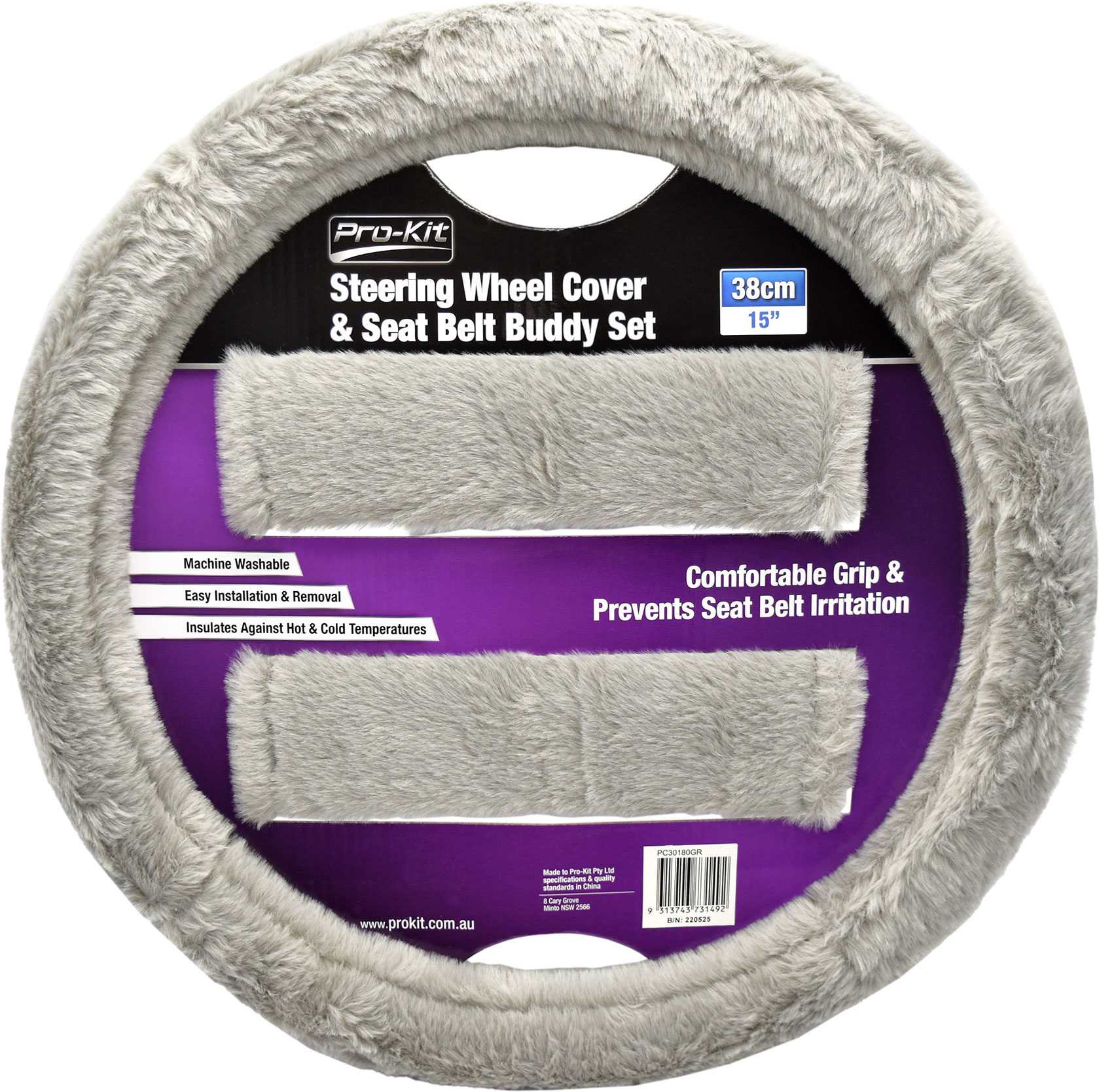 Gray Fur Feel 38cm Steering Wheel Cover & 15" Seat Belt Buddy Set