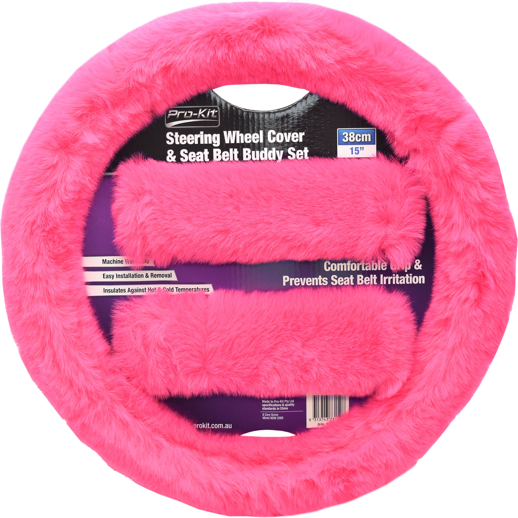 Pink Fur Feel 38cm Steering Wheel Cover & 15″ Seat Belt Buddy Set